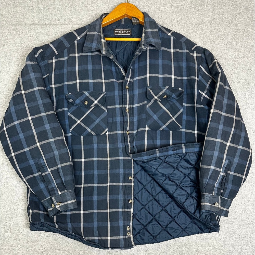 Vintage David Taylor Flannel Shirt Jacket Mens XL Blue Quilted Plaid Lined
